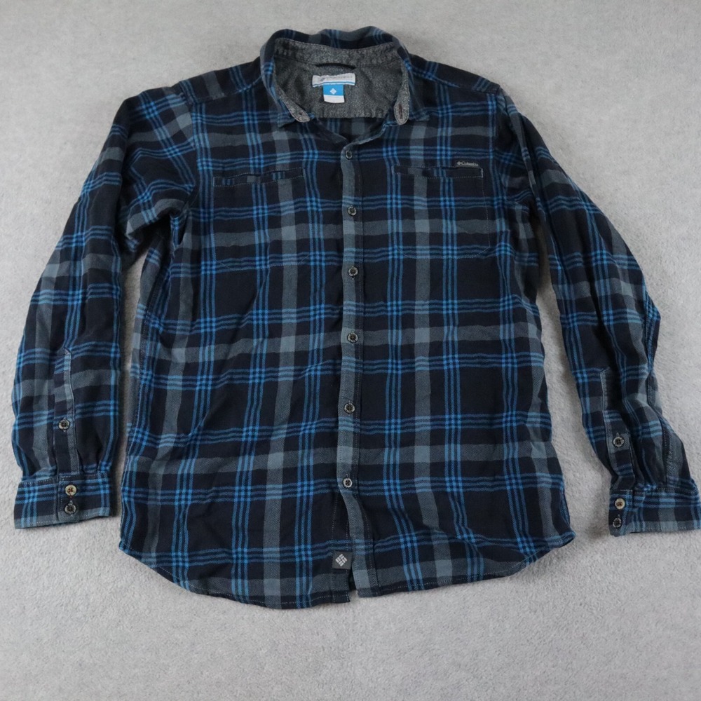 Columbia Flannel Shirt Mens Large Outdoor Pocket Button Blue Plaid Long Sleeve
